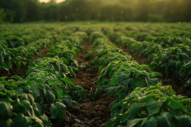 Um campo cênico com plantas verdes exuberantes