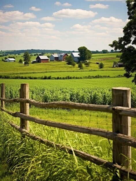 um campo cercado com uma fazenda ao longe