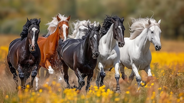Foto um campo cheio de cavalos a correr por ele.