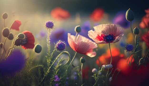 Um campo cheio de flores coloridas em um dia ensolarado generative AI