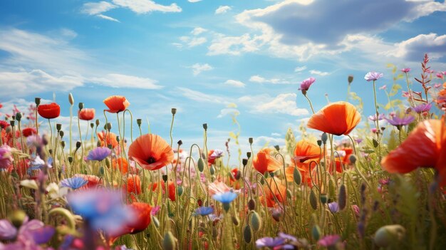 Um campo cheio de flores coloridas sob um céu azul