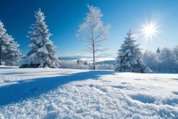 Um campo coberto de neve com dois pinheiros e um sol brilhando sobre eles