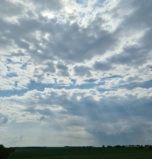 Um campo com céu azul e nuvens