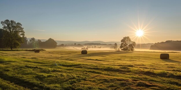 Foto um campo com fardos de feno e árvores no fundo