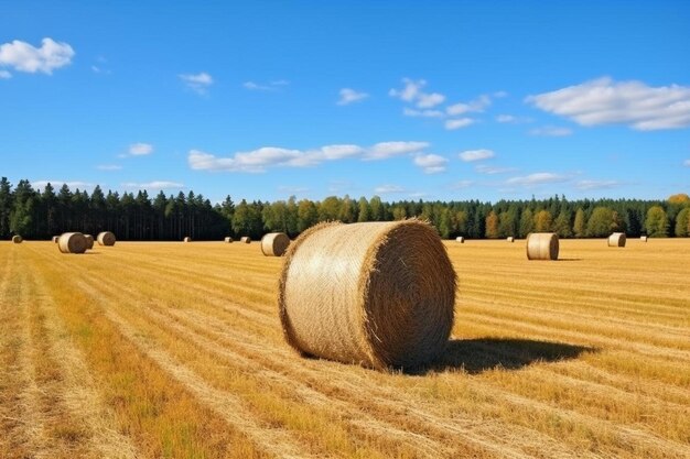 um campo com fardos de feno que tem um céu ao fundo