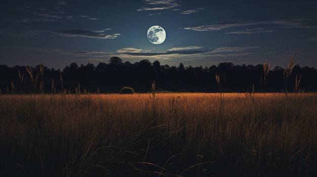 Um campo com grama alta e lua cheia