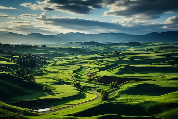 Um campo com grama verde e colinas onduladas AI generative