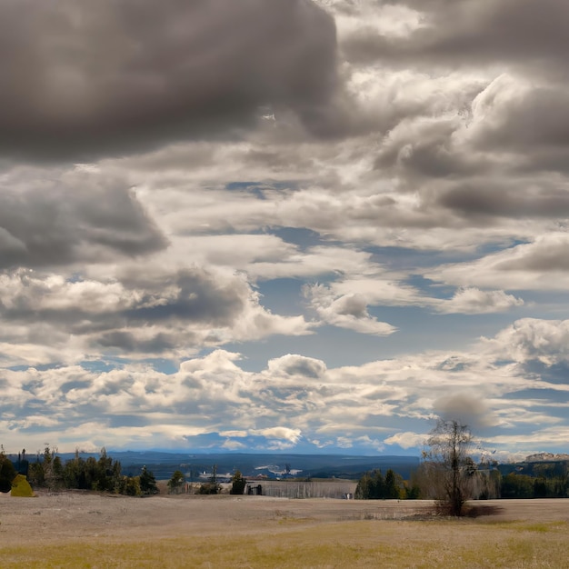 Foto um campo com nuvens e montanhas ao fundo