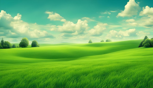 um campo com um campo verde e árvores no fundo