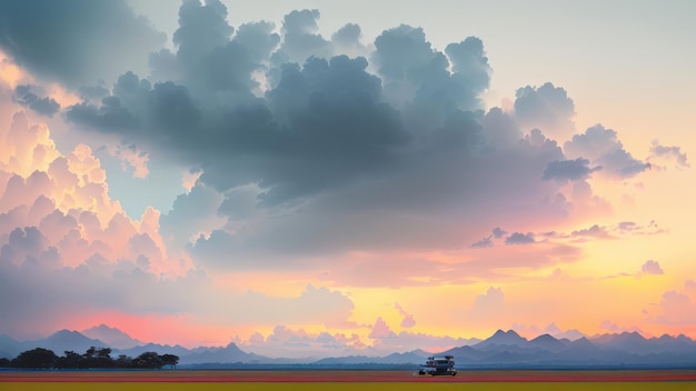 Um campo com um carro na frente de um pôr do sol