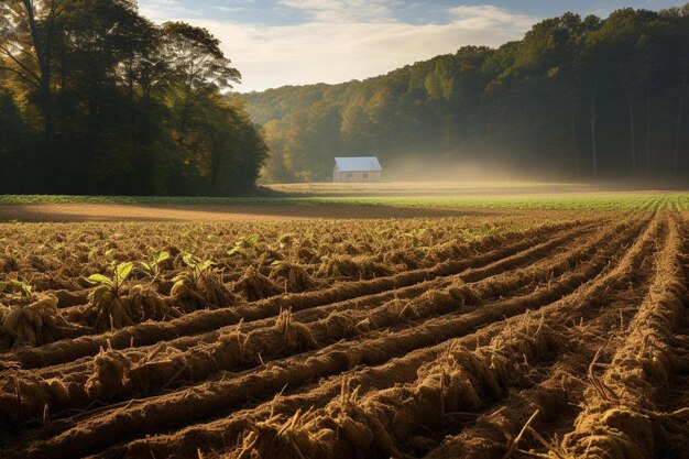 Um campo com um celeiro ao fundo