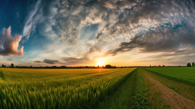 Um campo com um pôr do sol e o céu