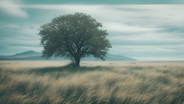 um campo com uma árvore e o céu ao fundo