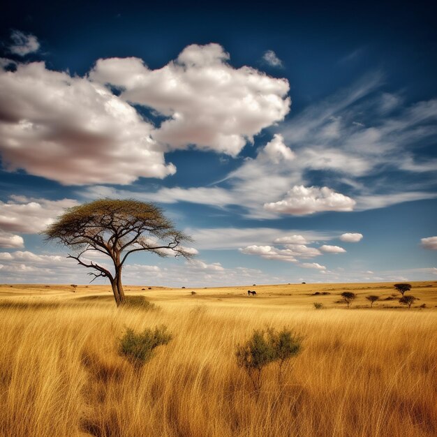 Um campo com uma árvore e um céu com nuvens