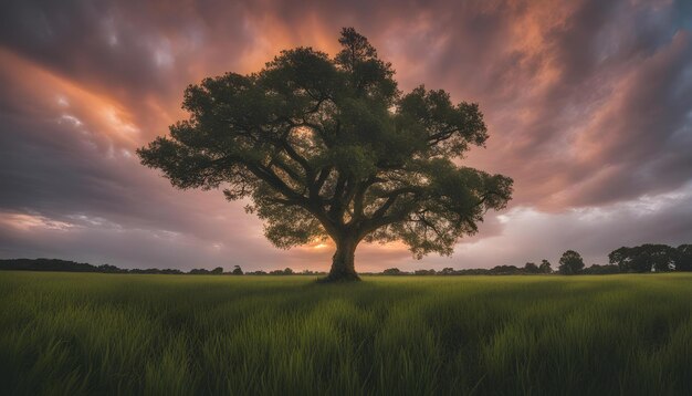 Foto um campo com uma árvore e um pôr-do-sol no fundo