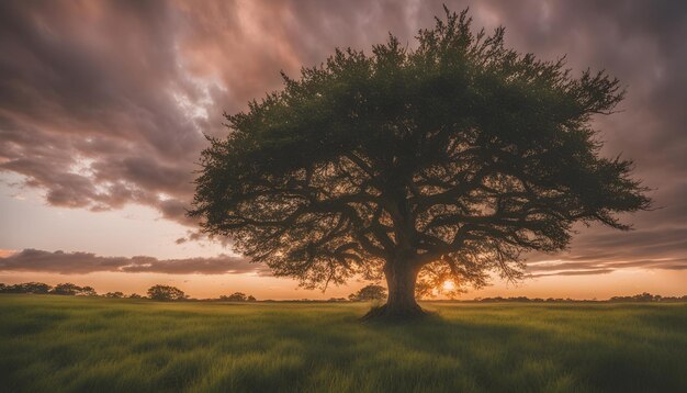 Um campo com uma árvore no meio dele