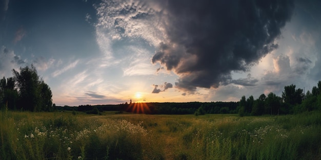 Um campo com uma nuvem no céu