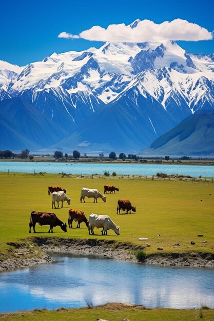 um campo com vacas e montanhas ao fundo