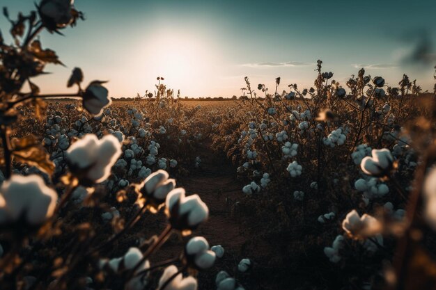Um campo de algodão com o sol se pondo atrás dele
