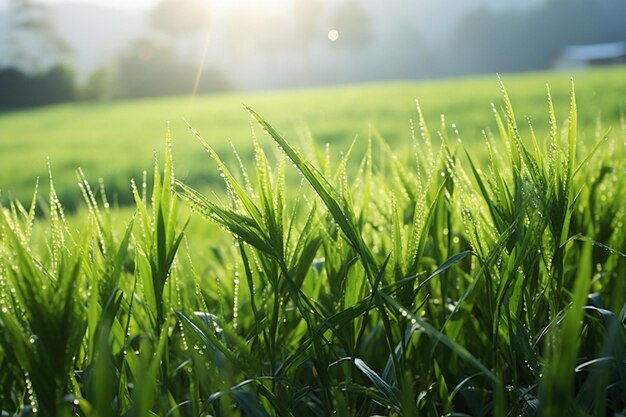 Um campo de arroz coberto pelo orvalho da manhã