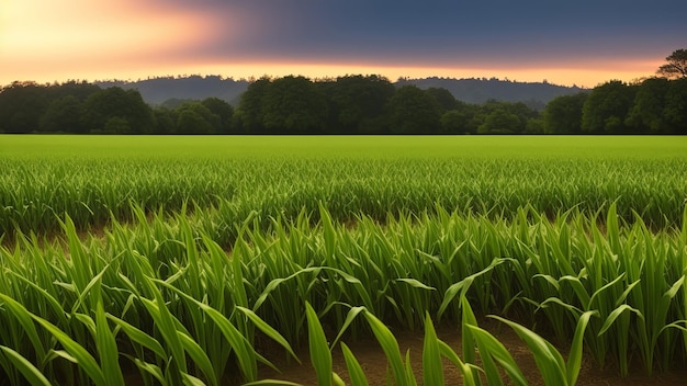 um campo de arroz com um pôr-do-sol no fundo