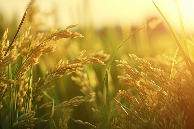 Um campo de arroz é mostrado com o sol brilhando no canto superior esquerdo.