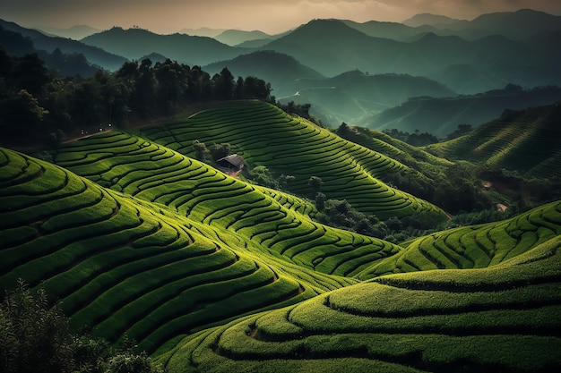 Um campo de arroz verde com montanhas ao fundo