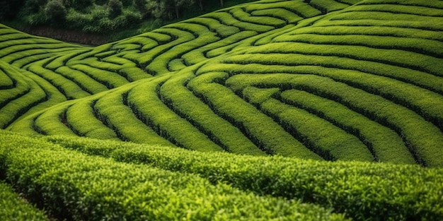 Um campo de arroz verde com um campo verde e uma placa branca que diz chá.