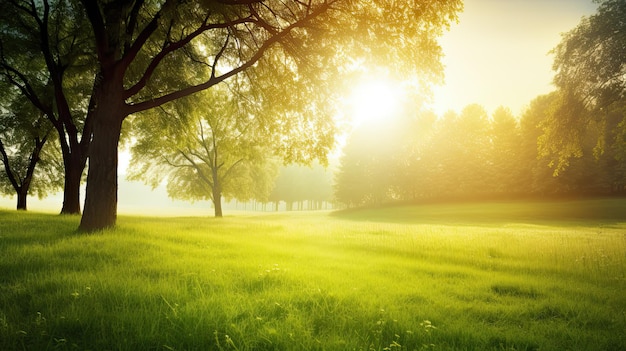Um campo de árvores com o sol brilhando sobre ele