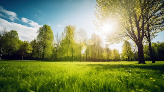 Um campo de árvores com o sol brilhando sobre ele