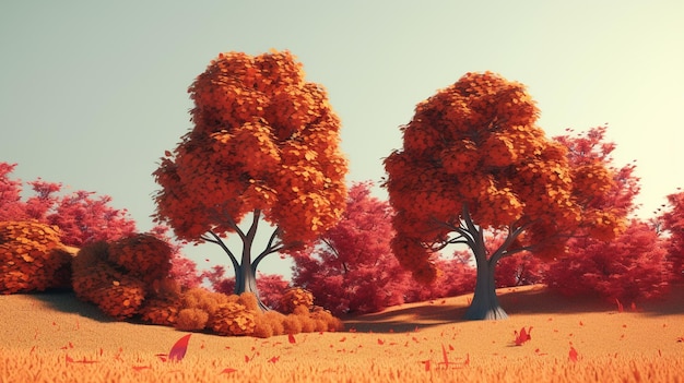 Um campo de árvores com um fundo de folhas laranja e vermelhas.