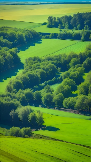 Um campo de árvores verdes com um campo de grama verde e árvores