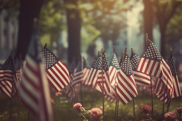 Um campo de bandeiras americanas em um parque