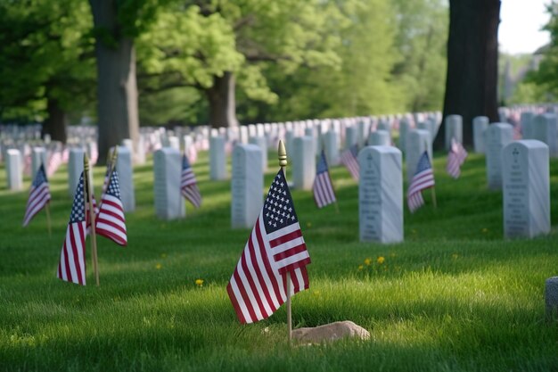 Um campo de bandeiras americanas está em um cemitério.