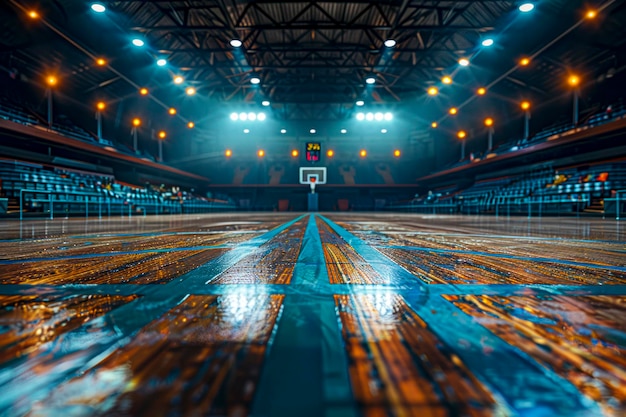 Um campo de basquetebol desolado numa arena deserta, uma cena assustadoramente vazia capturada por um fotógrafo habilidoso.