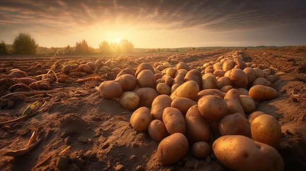 Um campo de batatas com o sol se pondo atrás delas