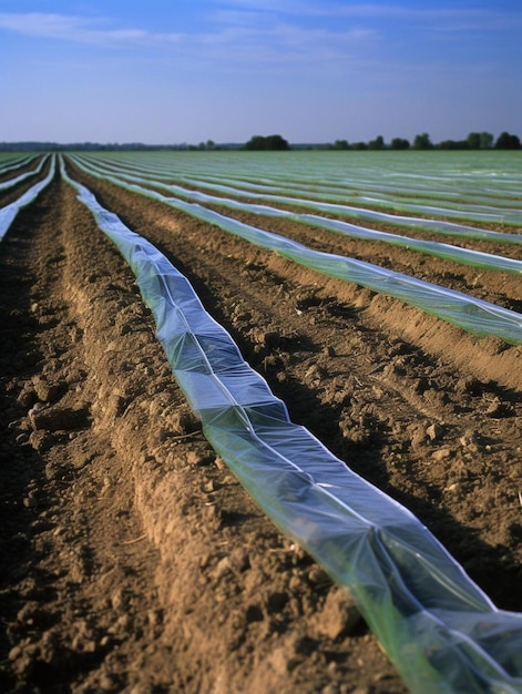 um campo de colheitas com coberturas de plástico