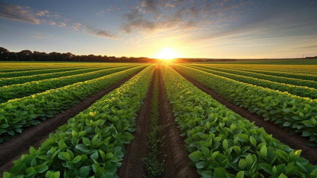 Um campo de cultivo com o sol se pondo atrás dele