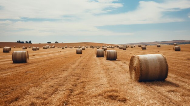 Foto um campo de fardos de feno sob um céu azul