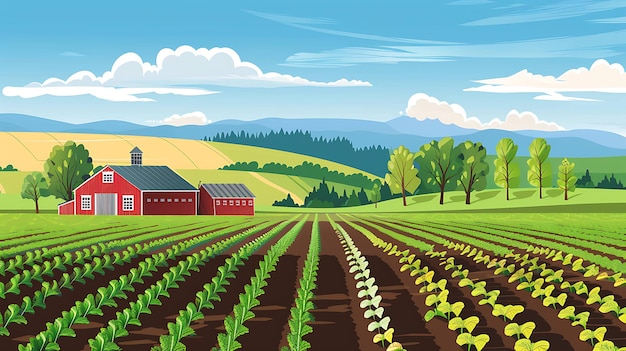 Um campo de fazenda verde e exuberante com um celeiro vermelho à distância o céu é azul e há nuvens brancas o campo da fazenda está cheio de plantas verdes