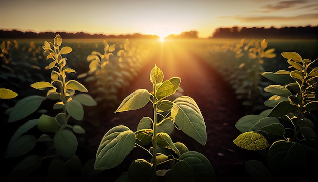 Foto um campo de feijão verde com o sol brilhando no horizonte