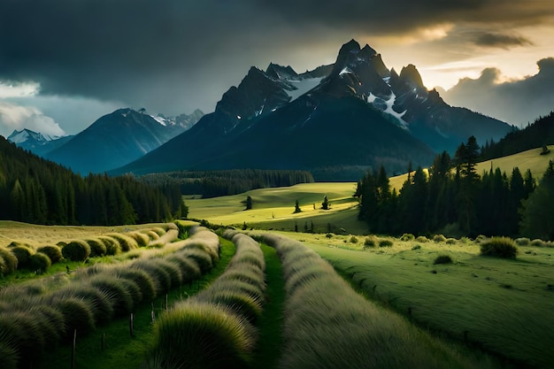 um campo de feno com montanhas ao fundo