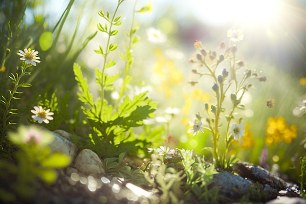 Um campo de flores à luz do sol