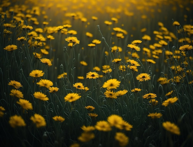 Um campo de flores amarelas com a palavra dentes-de-leão