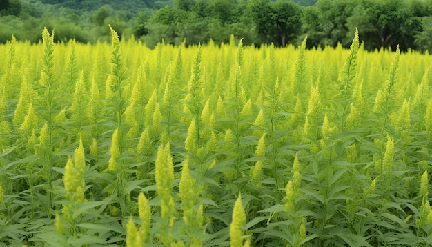 Foto um campo de flores amarelas com as palavras a planta no meio