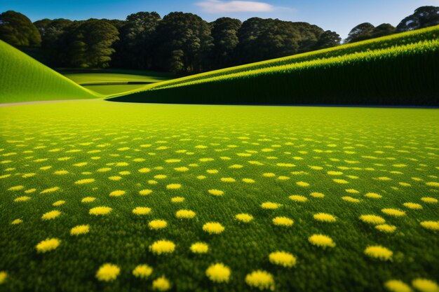 Um campo de flores amarelas com as palavras "primavera" no lado direito.