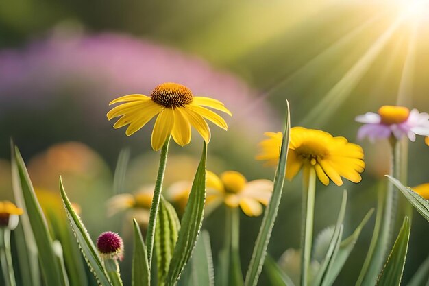 Um campo de flores amarelas com o sol brilhando ao fundo.