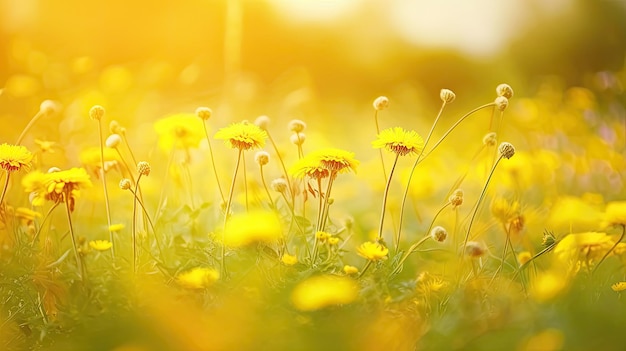 Um campo de flores amarelas com o sol brilhando sobre elas