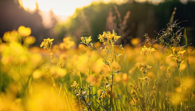Um campo de flores amarelas com o sol se pondo atrás dele