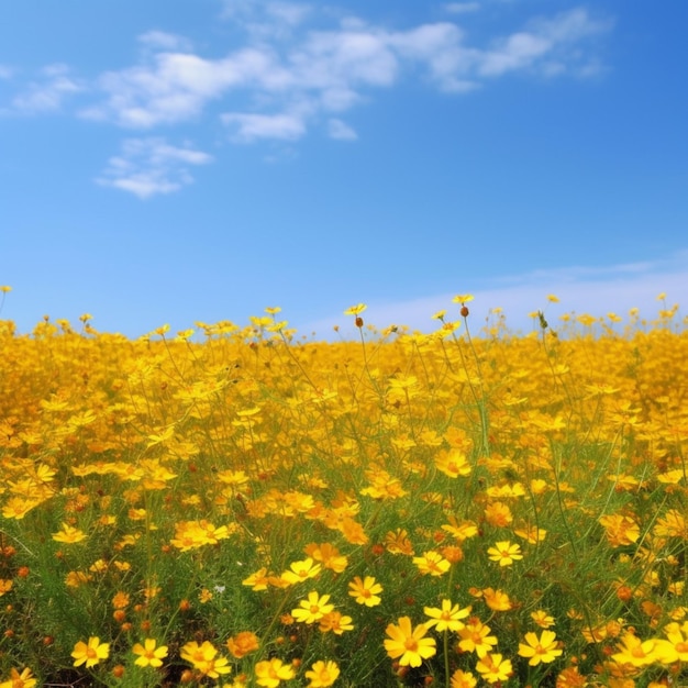 Um campo de flores amarelas com um céu azul ao fundo.